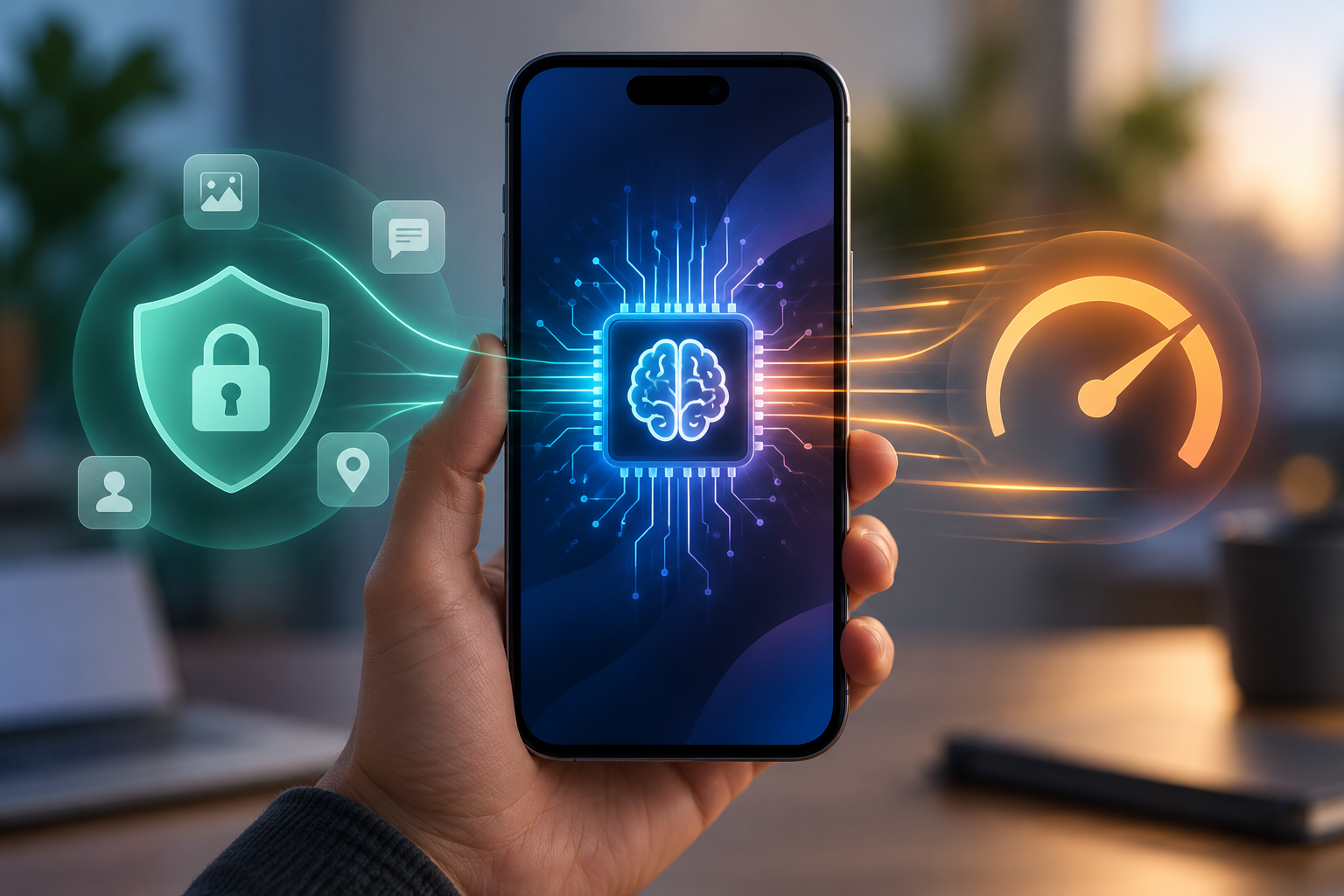 On-device AI processing on a smartphone illustrating enhanced mobile app privacy, security, and performance.