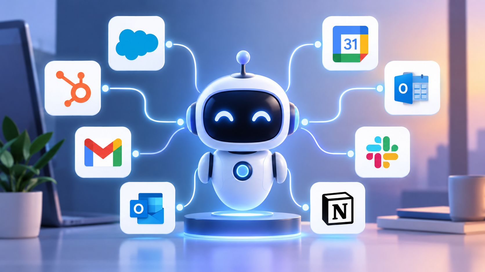 AI agent connected to CRM, email, calendar, and internal business tools through integrated digital workflows