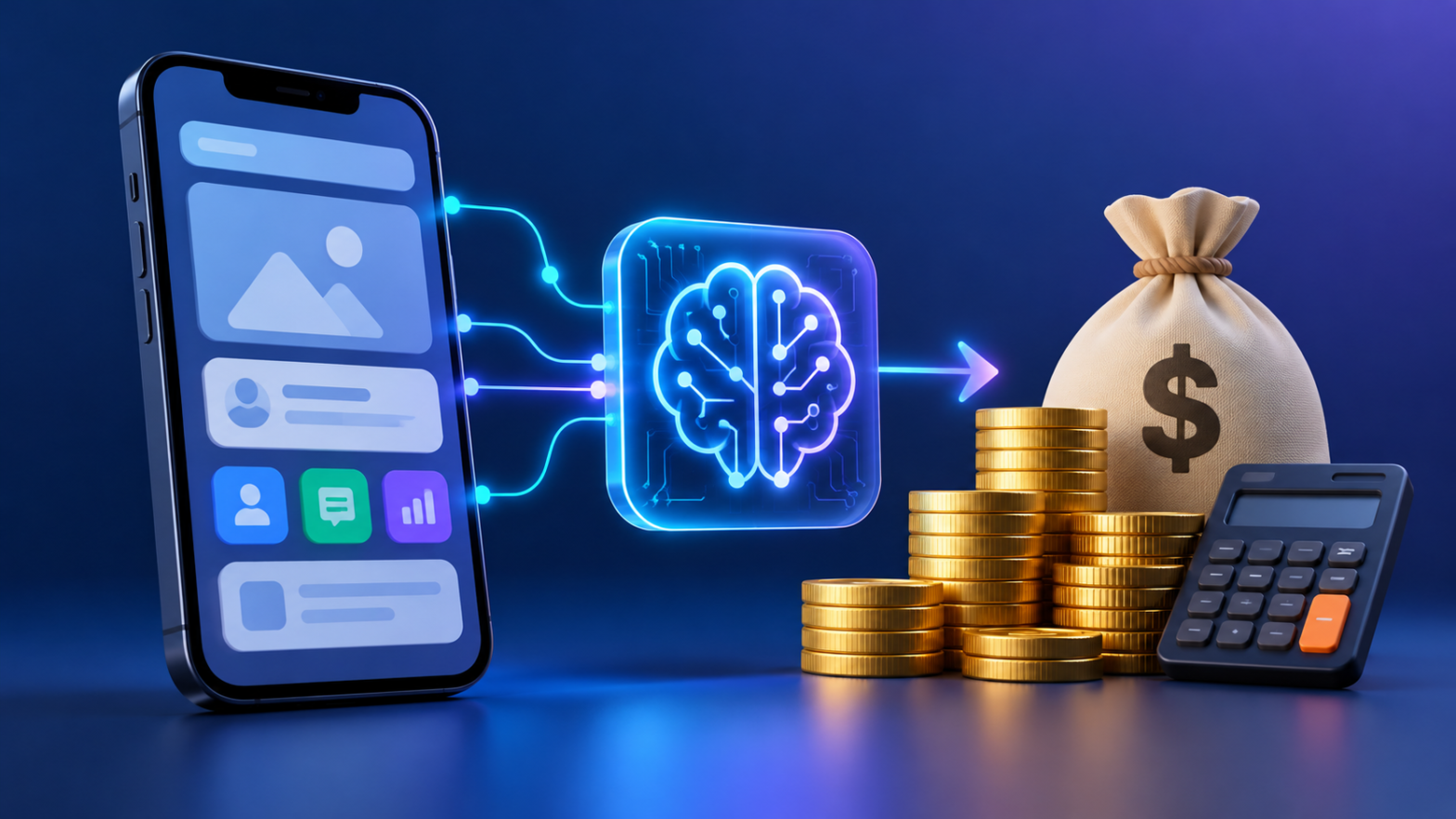 AI integration cost for an existing mobile app, featuring artificial intelligence technology, smartphone, calculator, and digital development expenses.