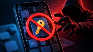 Mobile app security illustration showing an API key blocked from being stored inside a smartphone.