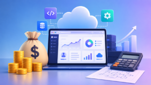 SaaS platform development cost illustration featuring a cloud-based software dashboard, financial charts, calculator, and coins representing software development expenses.